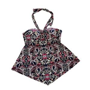 La Vie en Rose Aqua Paisley Swim Tankini top halter handkerchief hem boho medium